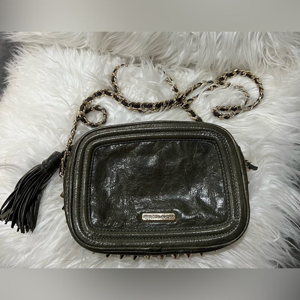 Rebecca Minkoff Leather Studded Crossbody Olive Green Gold Chain Tassel